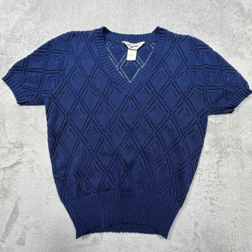 Vintage 80s Blair Navy Blue Pointelle Knit V-Neck Short Sleeve Sweater Size 12